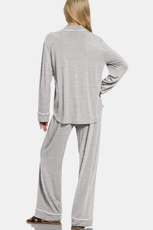 Zenana Button Down Long Sleeve Top and Pants Lounge Set Light Gray