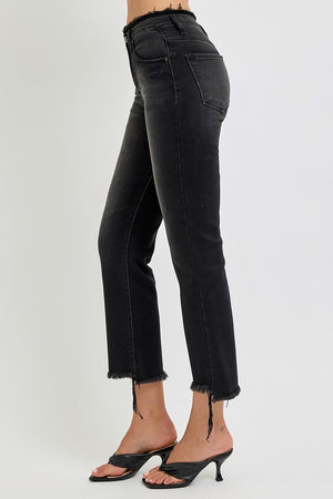 RISEN High Waist Step Hem Cropped Flare Jeans Black