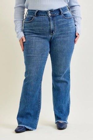 Judy Blue High Waist Double Button Waistband Frayed Hem Bootcut Jeans