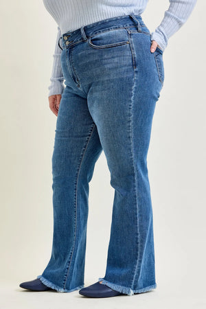 Judy Blue High Waist Double Button Waistband Frayed Hem Bootcut Jeans