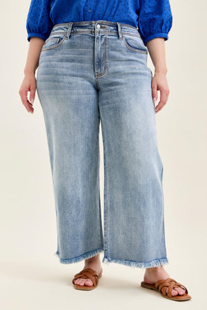 Judy Blue Mid Rise Ankle Wide Leg Hollywood Waistband Fray Hem Jeans