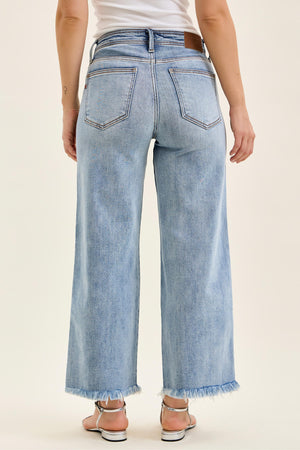 Judy Blue Mid Rise Ankle Wide Leg Hollywood Waistband Fray Hem Jeans