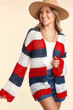 Red White & Blue Open Front Long Sleeve Stripe Cardigan