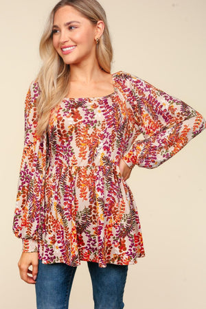 Peplum Floral Square Neck Blouse Taupe & Rust