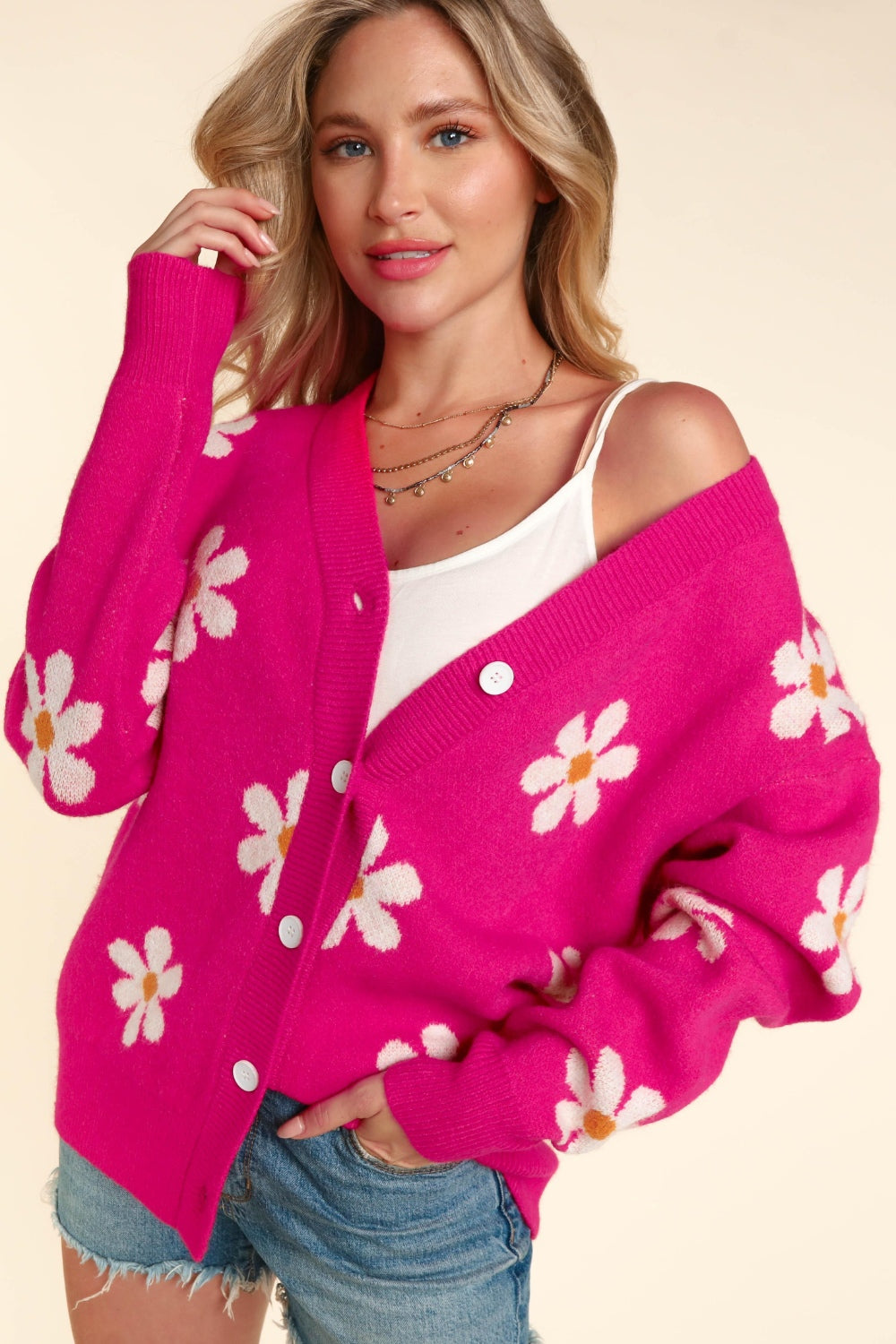 Pink Daisy Floral Button Down Long Sleeve Cardigan