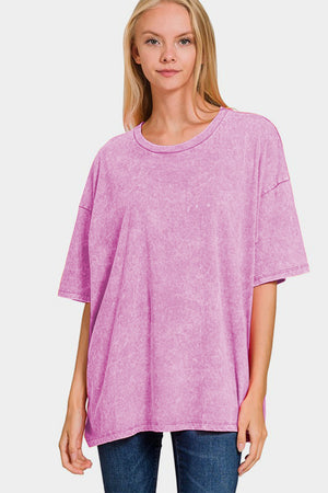 Zenana Washed Round Neck Drop Shoulder Oversized T-Shirt Mauve