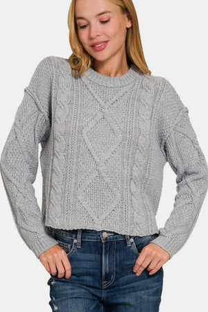 Zenana Cropped High Low Cable Sweater with Side Slits H Grey