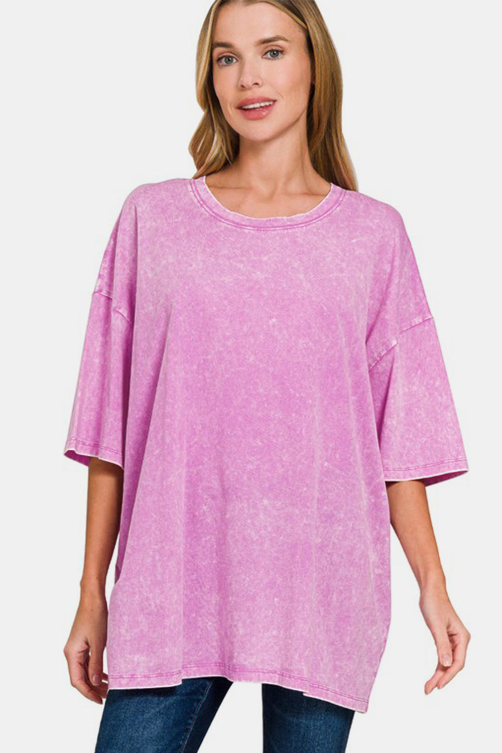 Zenana Washed Round Neck Drop Shoulder Oversized T-Shirt Mauve