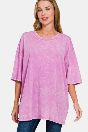 Zenana Washed Round Neck Drop Shoulder Oversized T-Shirt Mauve