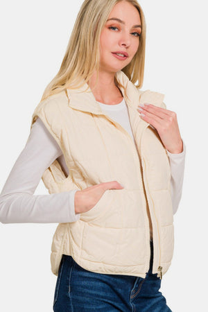 Zenana Zip Up Cropped Puffer Vest with Pockets Cream