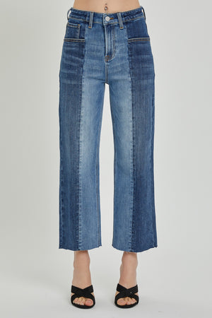 RISEN High Rise Two Tone Straight Leg Ankle Jeans