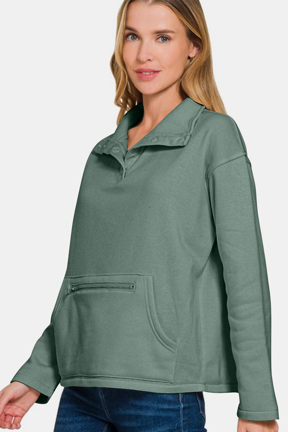 Zenana Turtleneck Half Snap Fleece Sweatshirt Ash Jade