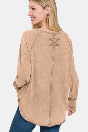 Zenana Round Neck Thumbhole Long Sleeve T-Shirt Ash Mocha