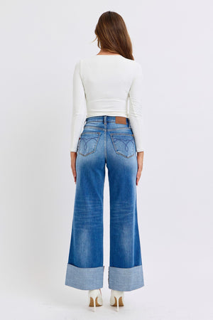 Judy Blue High Waist Distressed Retro Wide Leg Cuffed Raw Hem Jeans