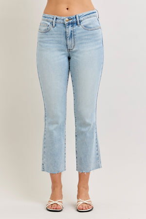 Judy Blue Mid Rise Kick Flare Raw Hem Cropped Jeans