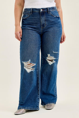 Judy Blue High Waist Rigid Magic Column Adjustable Waistband Tabs Straight Leg Destructed Jeans