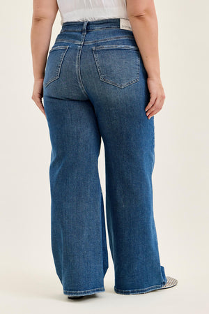 Judy Blue High Waist Rigid Magic Column Adjustable Waistband Tabs Straight Leg Destructed Jeans