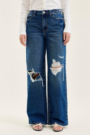 Judy Blue High Waist Rigid Magic Column Adjustable Waistband Tabs Straight Leg Destructed Jeans