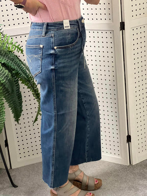 Judy Blue High Rise Wide Leg Raw Hem Crop Jeans