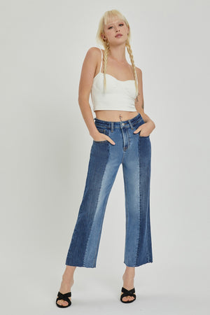 RISEN High Rise Two Tone Straight Leg Ankle Jeans