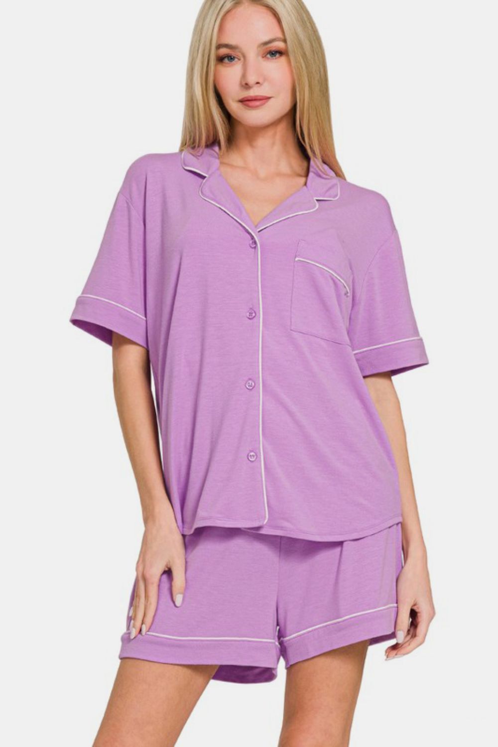 Zenana Button Down Short Sleeve Top and Shorts Lounge Set Purple