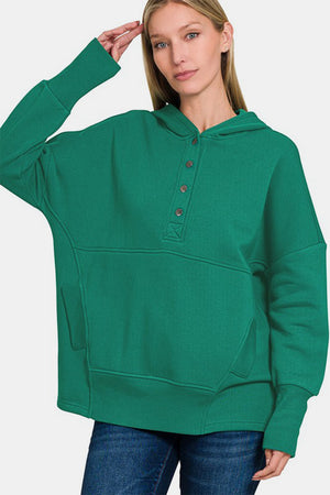 Zenana Half Snap Long Sleeve Hoodie with Kangaroo Pocket Dark Green