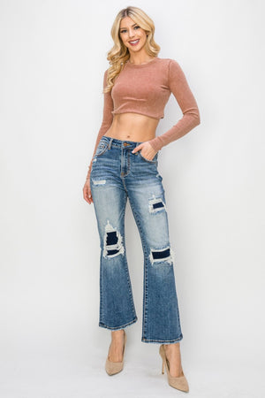 Risen High Rise Distressed Ankle Flare Jeans