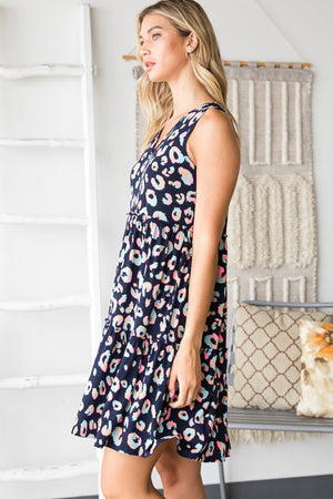 Navy Leopard V-Neck Ruffled Tank Dress