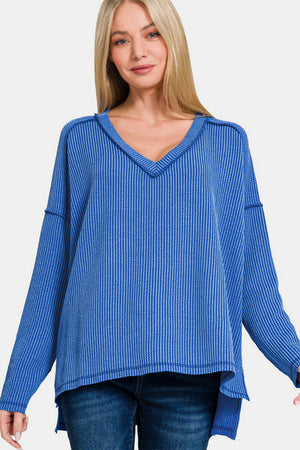 Zenana Texture Exposed Seam V-Neck Long Sleeve T-Shirt Classic Blue