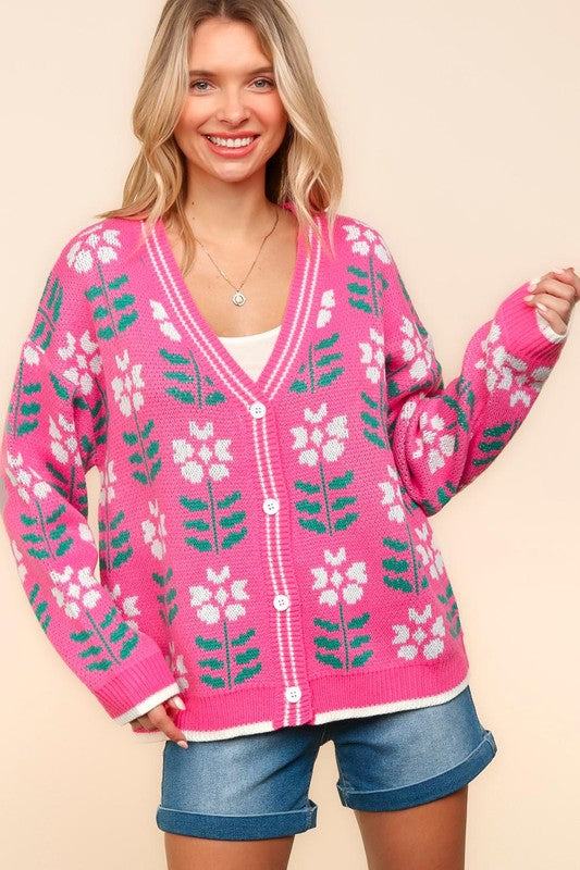 Floral Jacquard V-Neck Button Up Cardigan Hot Pink