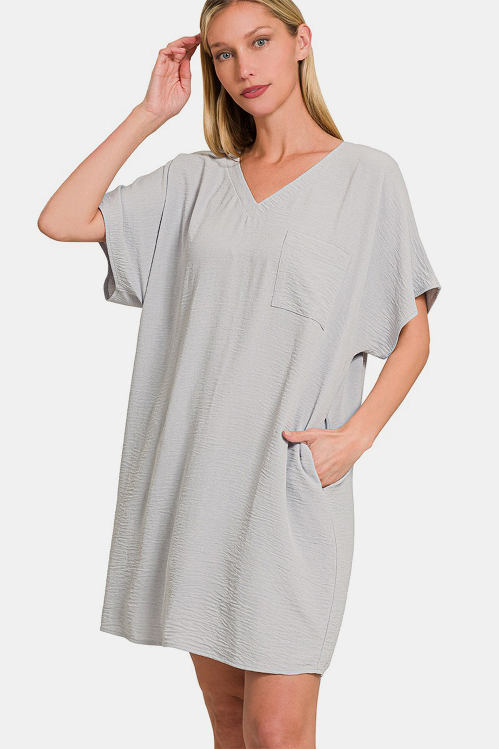 Zenana V-Neck Tee Dress with Pockets Lt Grey