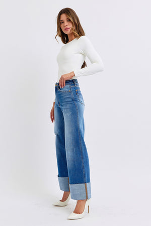 Judy Blue High Waist Distressed Retro Wide Leg Cuffed Raw Hem Jeans