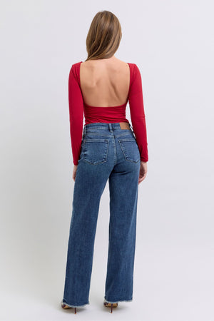 Judy Blue Mid Rise Wide Leg Raw Fray Hem Jeans