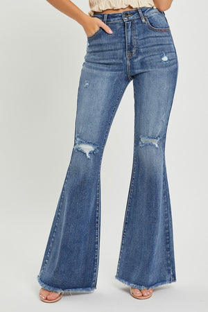 RISEN High Waist Distressed Fray Hem Flare Jeans