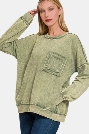 Zenana Exposed Seam Round Neck Dropped Shoulder Sweatshirt Lt Olive