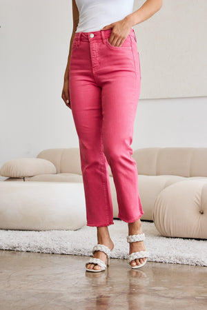 RFM Tummy Control High Waist Raw Hem Straight Leg Jeans in Sunkissed