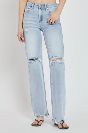 RISEN High Rise Distressed Wide Leg Light Wash Jeans