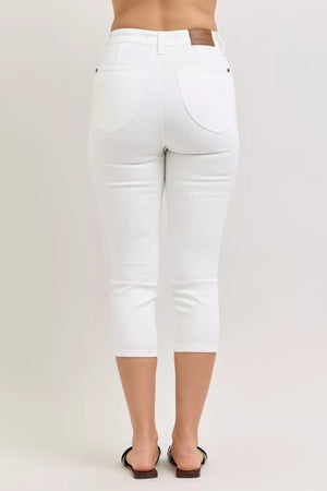 Judy Blue High Waist Tummy Control Spade Pockets White Denim Capri