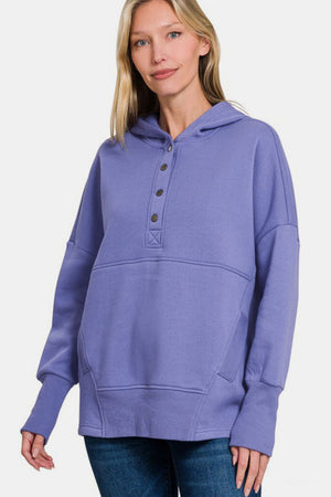 Zenana Half Snap Long Sleeve Hoodie with Kangaroo Pocket Blue Purple