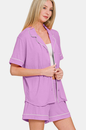 Zenana Button Down Short Sleeve Top and Shorts Lounge Set Purple