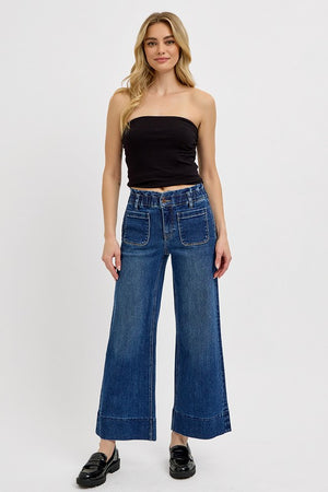 RISEN High Waist Elastic Ruffle Band Wide Leg Crop Jeans