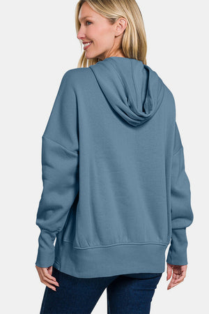 Zenana Half Snap Long Sleeve Hoodie with Kangaroo Pocket Dusty Blue