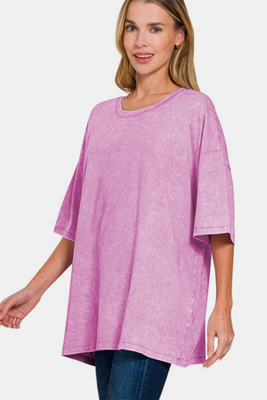 Zenana Washed Round Neck Drop Shoulder Oversized T-Shirt Mauve