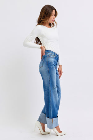 Judy Blue High Waist Distressed Retro Wide Leg Cuffed Raw Hem Jeans