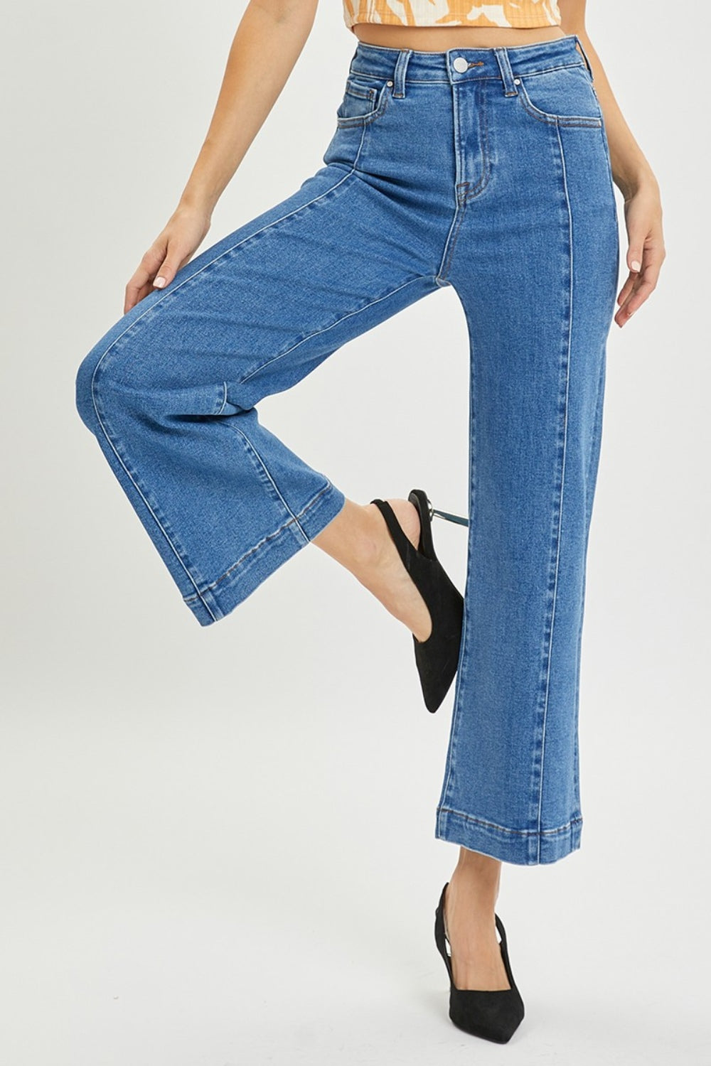 RISEN High Rise Wide Leg Front Seam Trouser Flare Cropped Jeans