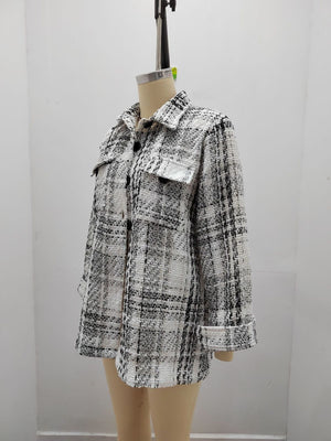 Loose Plaid Button Long Sleeved Jacket - white