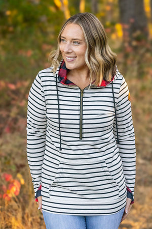 HalfZip Hoodie - Oatmeal Stripes and Buffalo Plaid by Michelle Mae