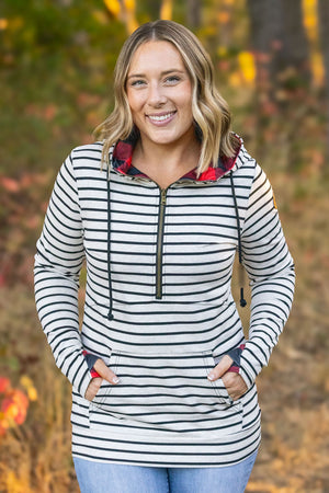 HalfZip Hoodie - Oatmeal Stripes and Buffalo Plaid by Michelle Mae