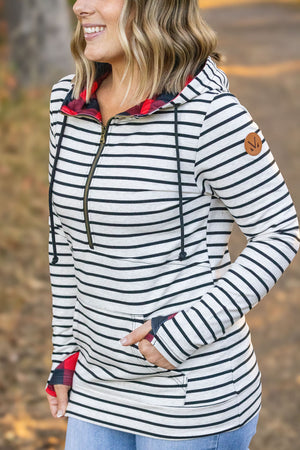 HalfZip Hoodie - Oatmeal Stripes and Buffalo Plaid by Michelle Mae