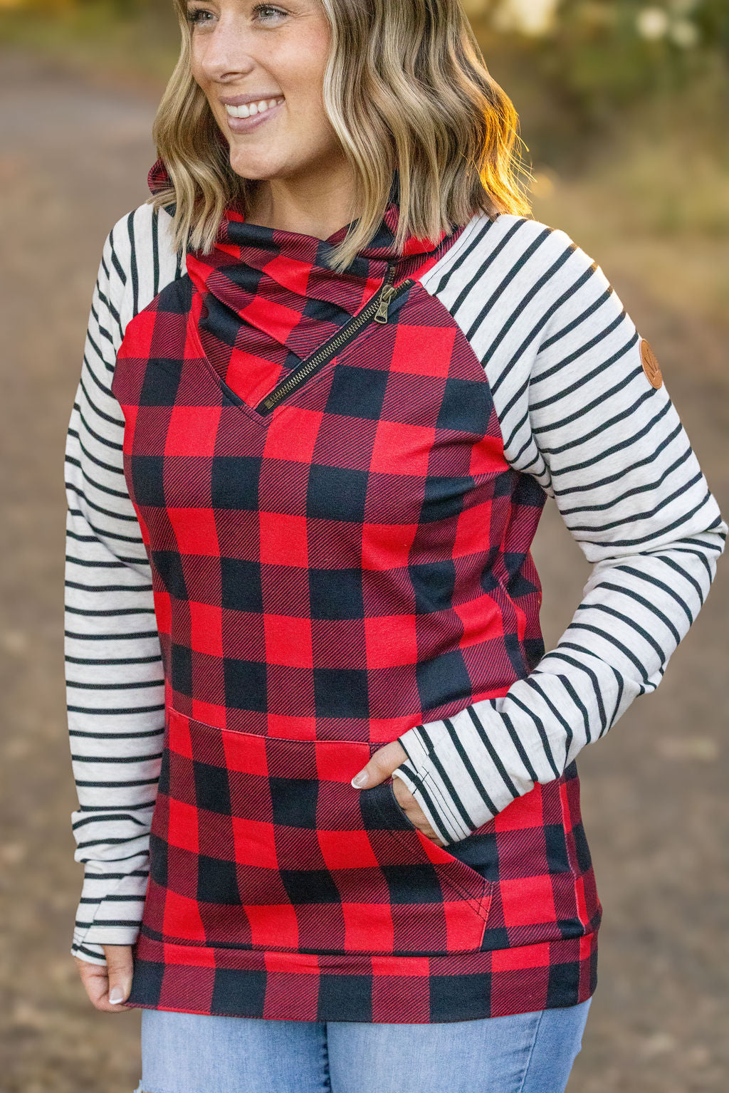 Zoey ZipCowl - Buffalo Plaid and Oatmeal Stripes by Michelle Mae